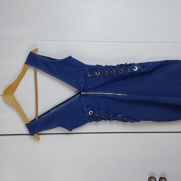 C'est Toi  Denim Mini Dress Deep V Side lace up grommets  Edgy sexy  Sz.S - Picture 7 of 10